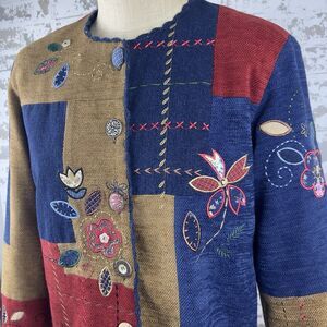 Vtg Patchwork Jacket Sz PS Denim Tapestry‎ Embroidered Floral Blue Red Beige